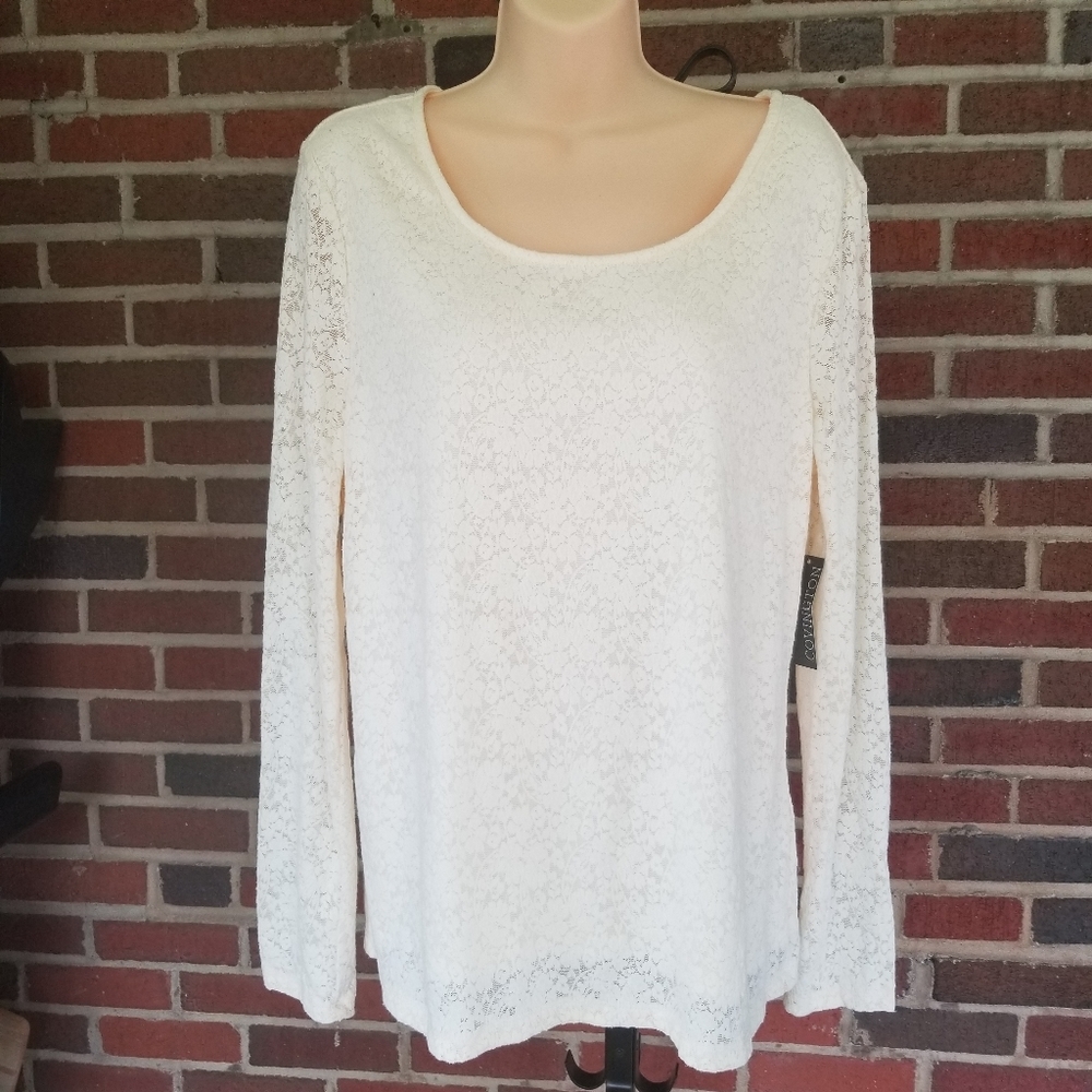 NWT Womens Covington Antique White Long Sleeve Lace Underlay Top Size Large